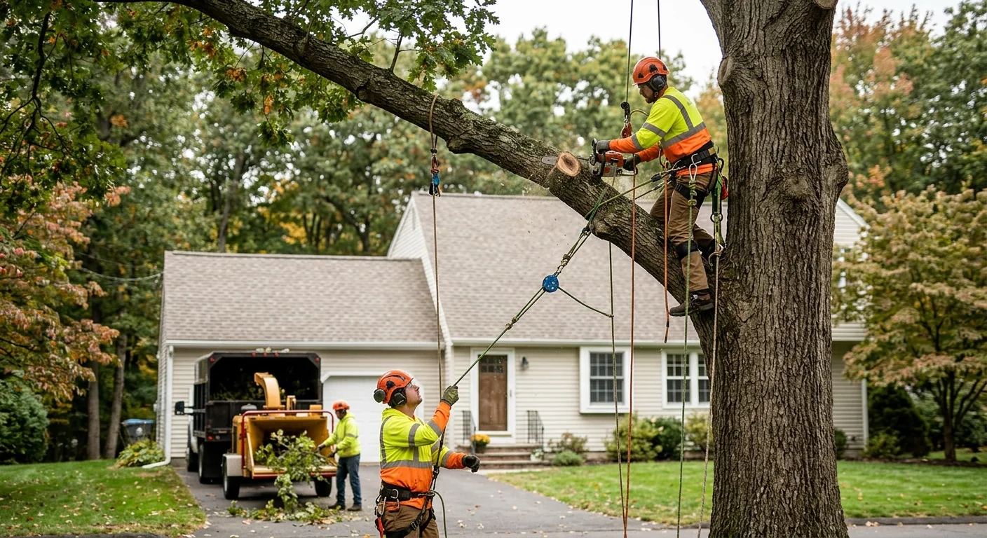 Property owner reviewing a written brush removal estimate with tree crew