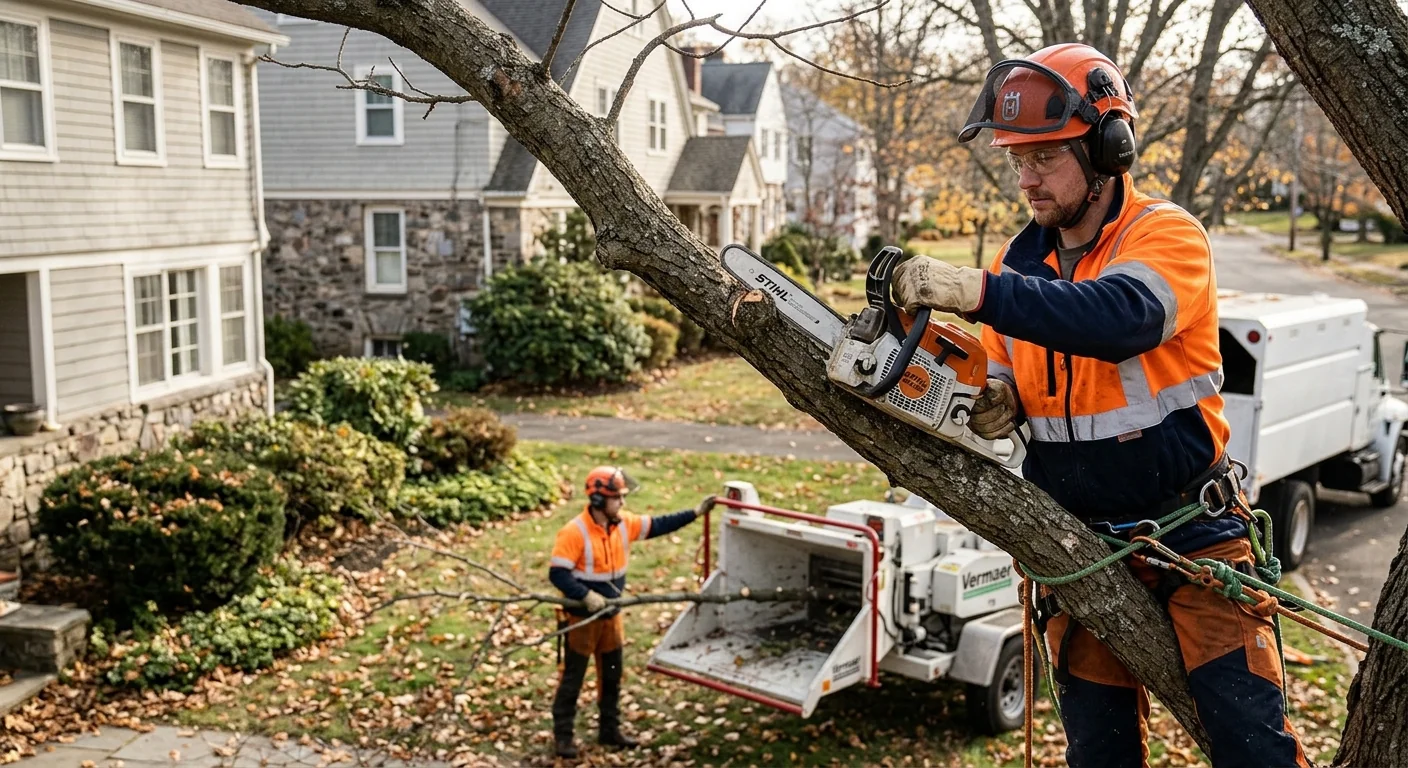 Tree crew clearing dense brush and undergrowth from a residential Middletown property