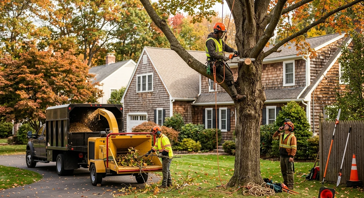 Crane positioned in a driveway preparing to lift a tall tree