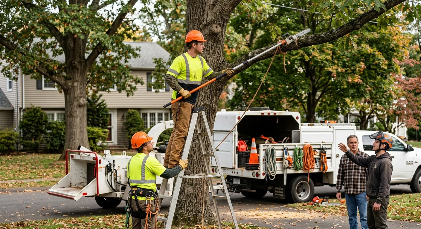 Leaning storm-damaged tree beside a Middletown house awaiting crane removal
