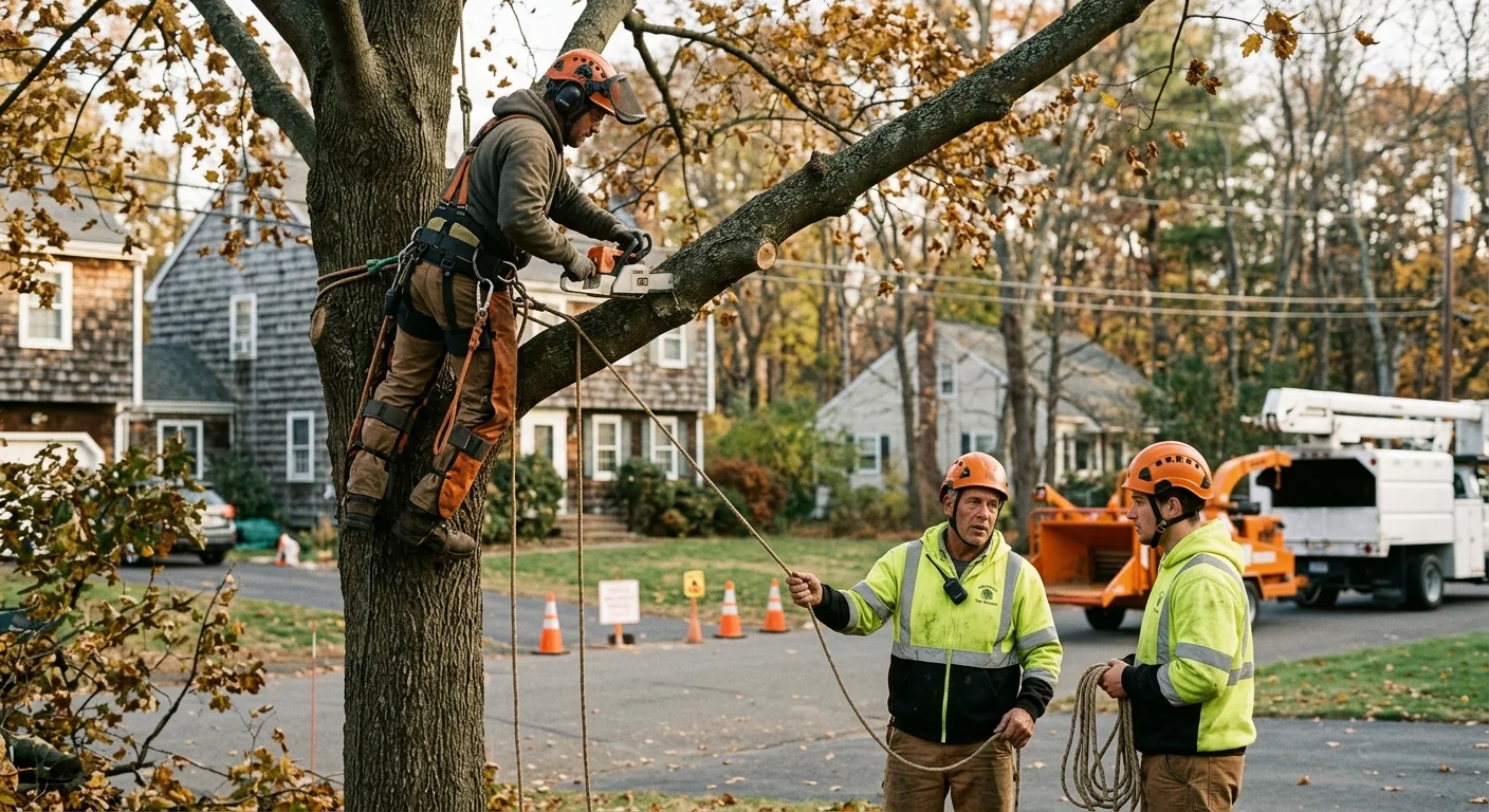 Crane lifting a large tree section over a residential yard in Middletown