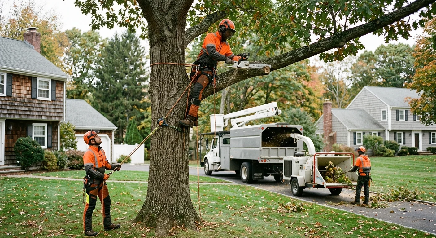 Crane lifting a large storm-damaged tree section from a yard