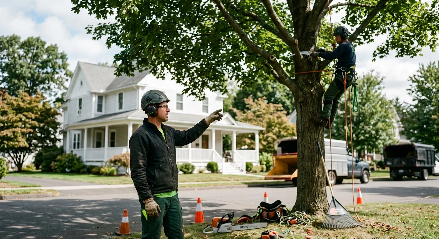 Tree crew clearing a storm-damaged tree from a Middletown home driveway
