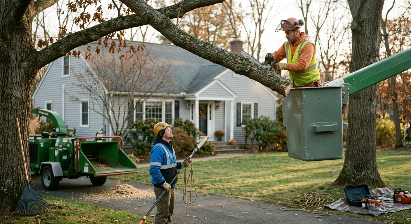 Crew reviewing a written estimate beside a hazardous tree