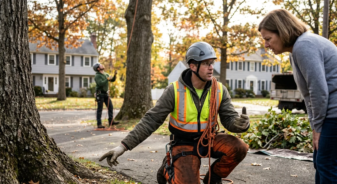 Arborist inspecting a leaning hazardous tree near a Middletown home
