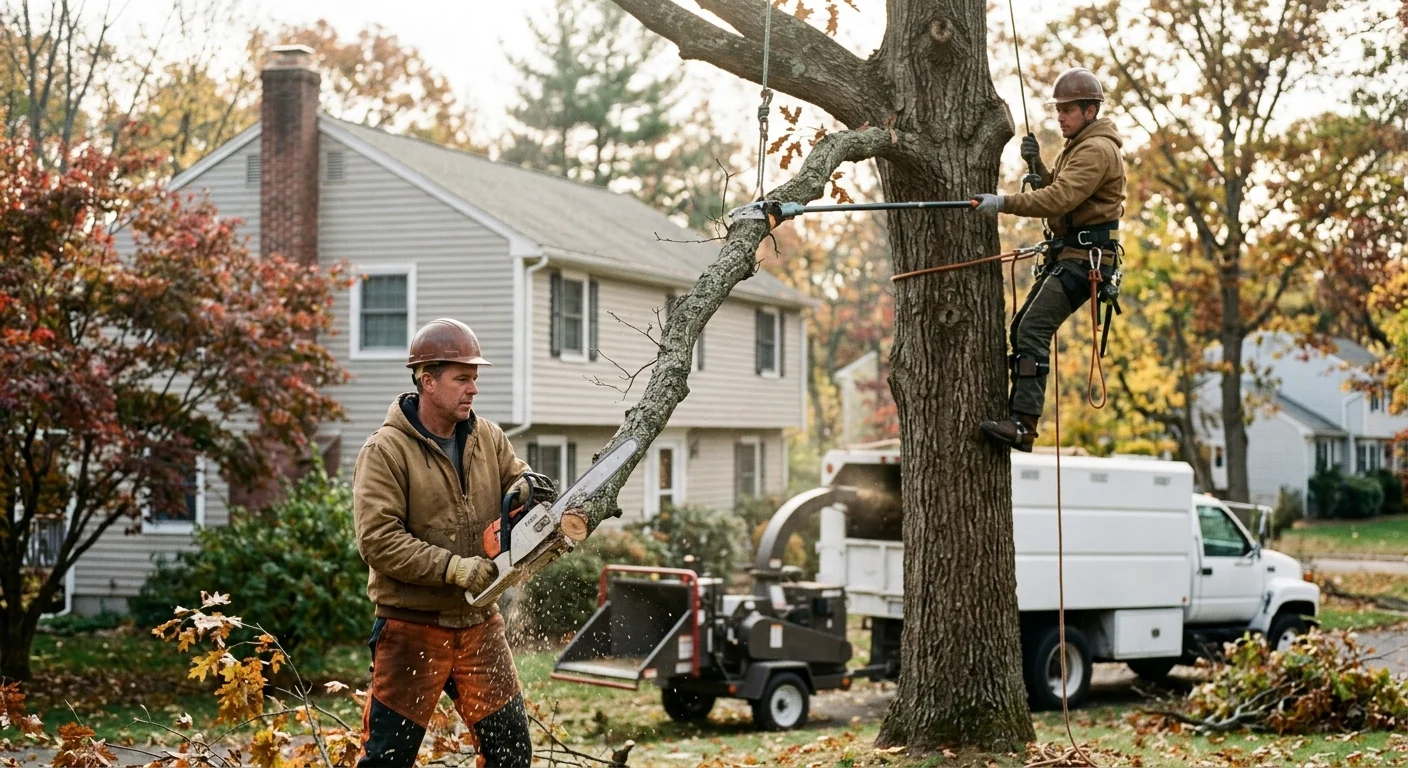 Tree crew safely rigging a hazardous storm-damaged tree near a Middletown home