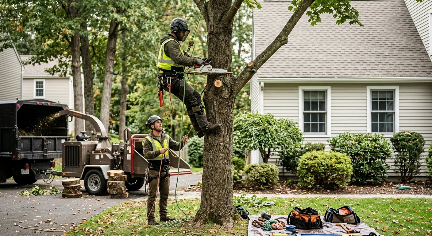 Arborist assessing storm-damaged tree for a written cleanup estimate