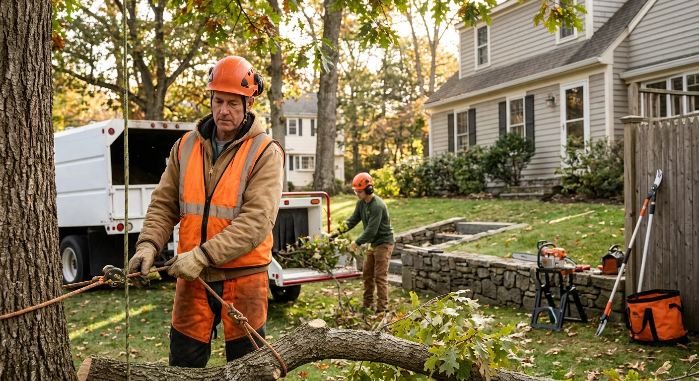 Fallen storm-damaged tree limbs cleared from a residential yard after a windstorm