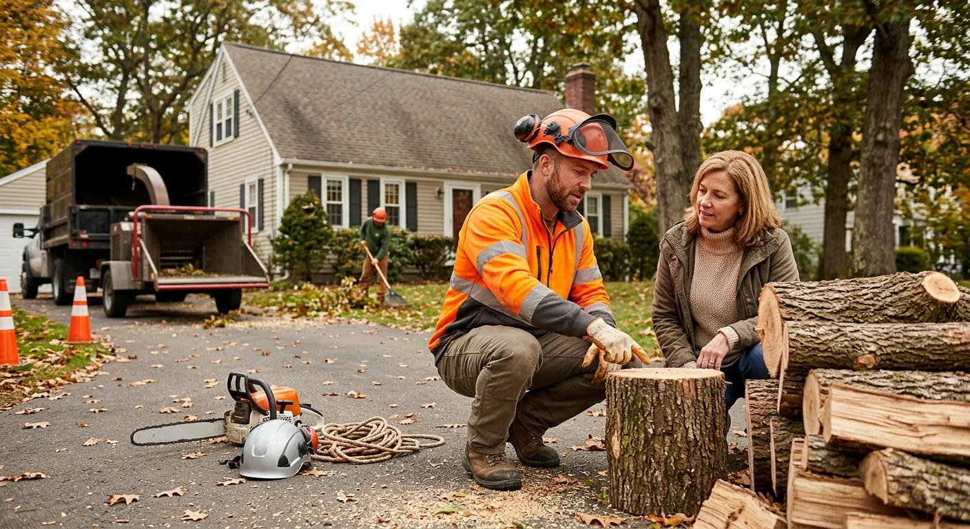 Tree crew clearing storm-damaged limbs from a Middletown residential yard after a storm