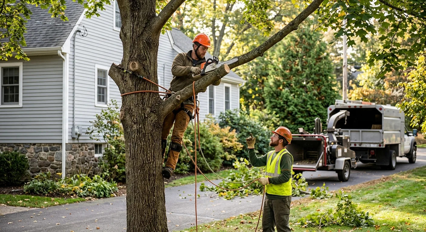 Technician measuring stump diameter before grinding in a backyard