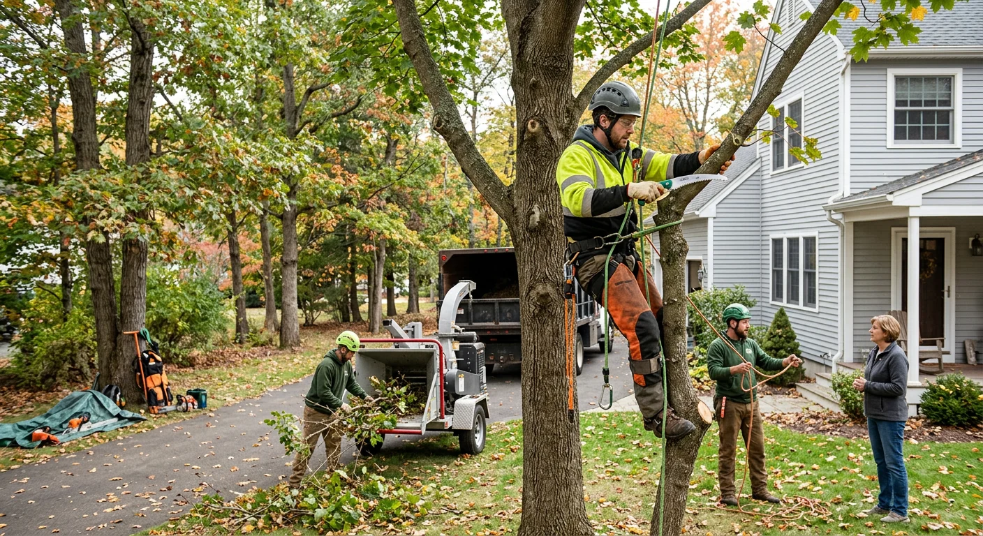 Arborist installing steel cable support high in a mature hardwood tree