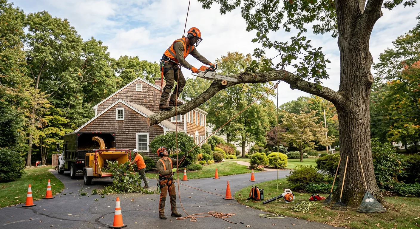 Arborist installing steel support cable in a mature shade tree canopy