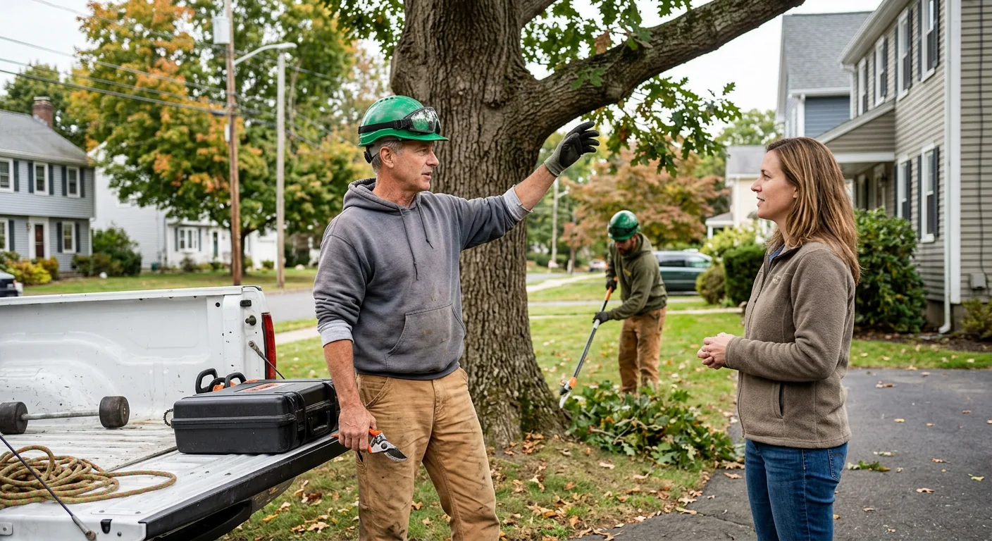 Arborist reviewing a written tree care estimate with a homeowner