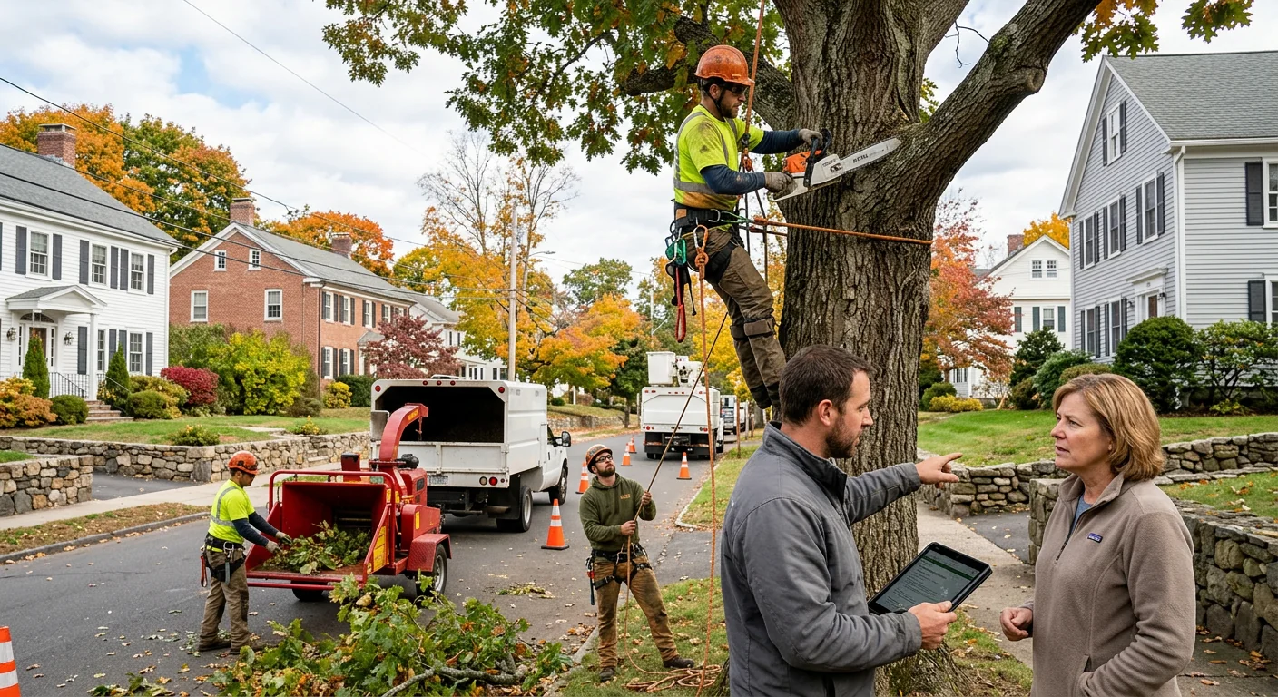 Arborist inspecting a mature shade tree canopy in a Middletown backyard