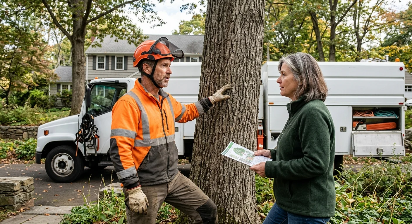 Arborist inspecting tree canopy health during a maintenance visit in Middletown