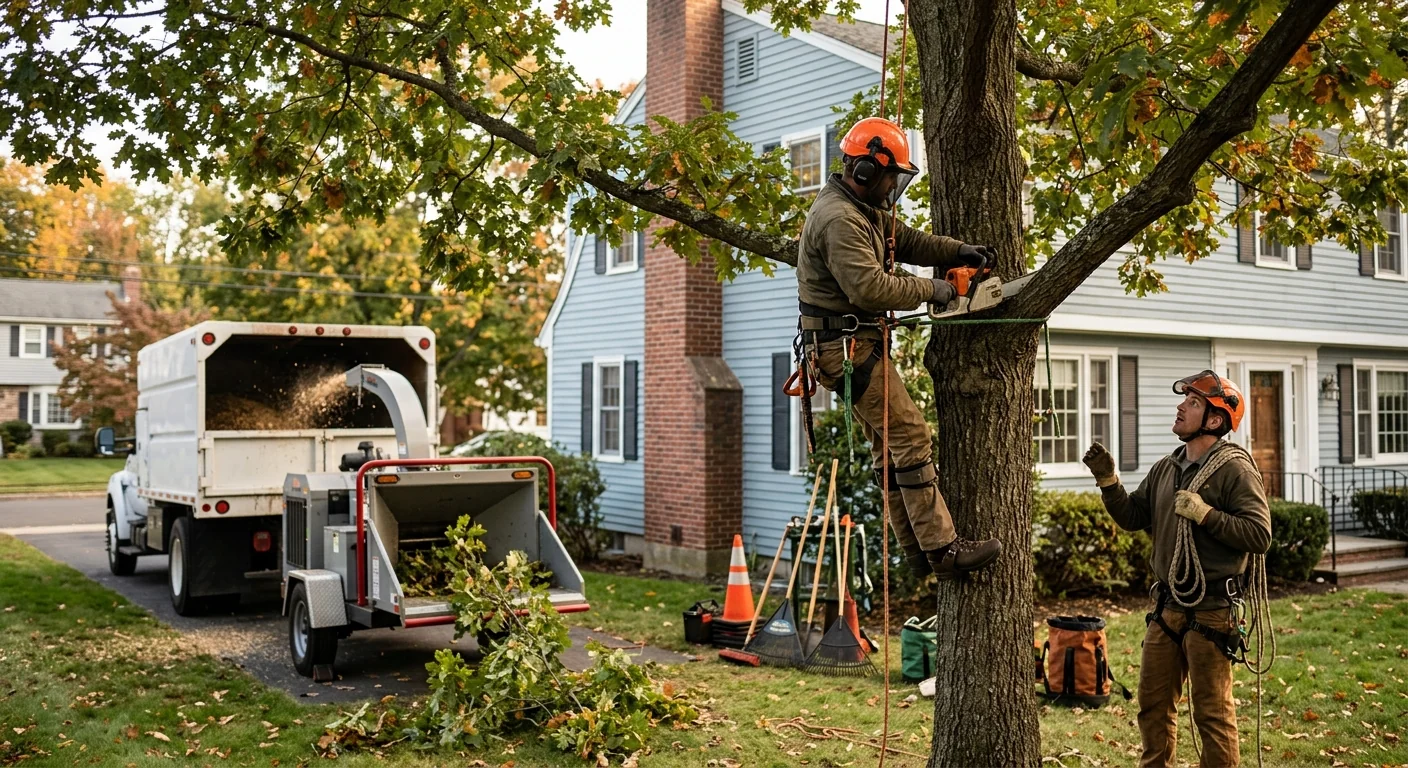 Arborist positioning a balled and burlapped shade tree in a residential yard