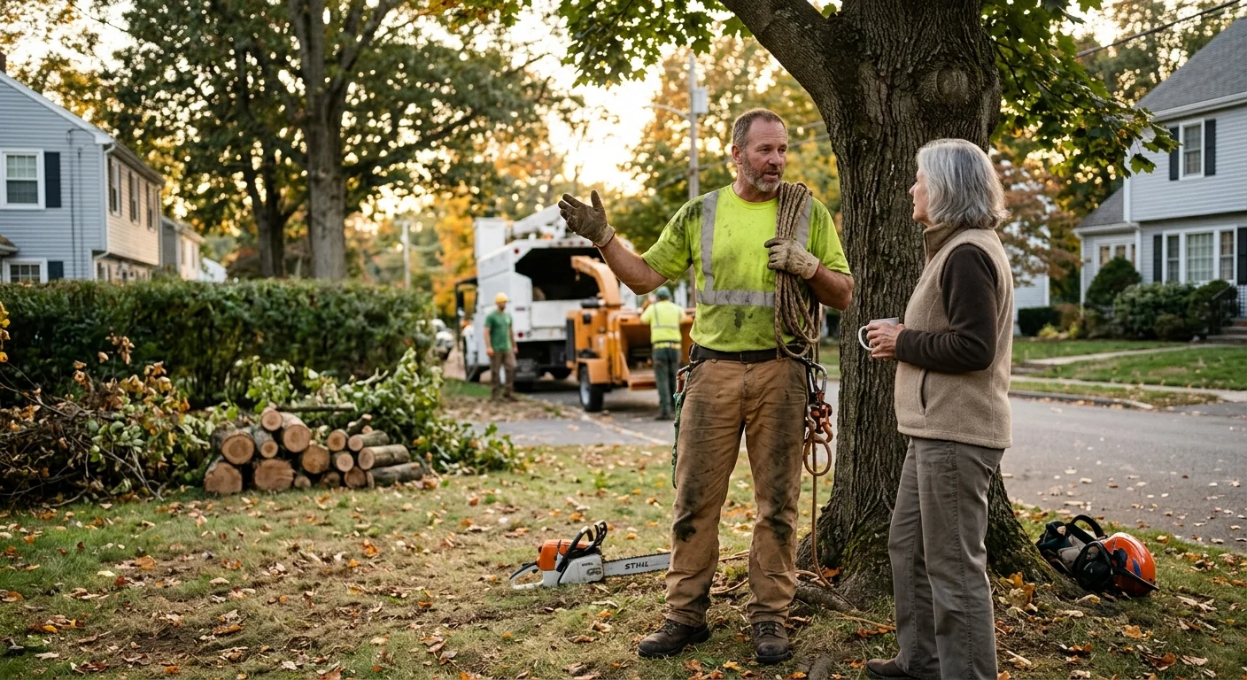 Arborist setting a young shade tree into prepared soil on a Middletown property