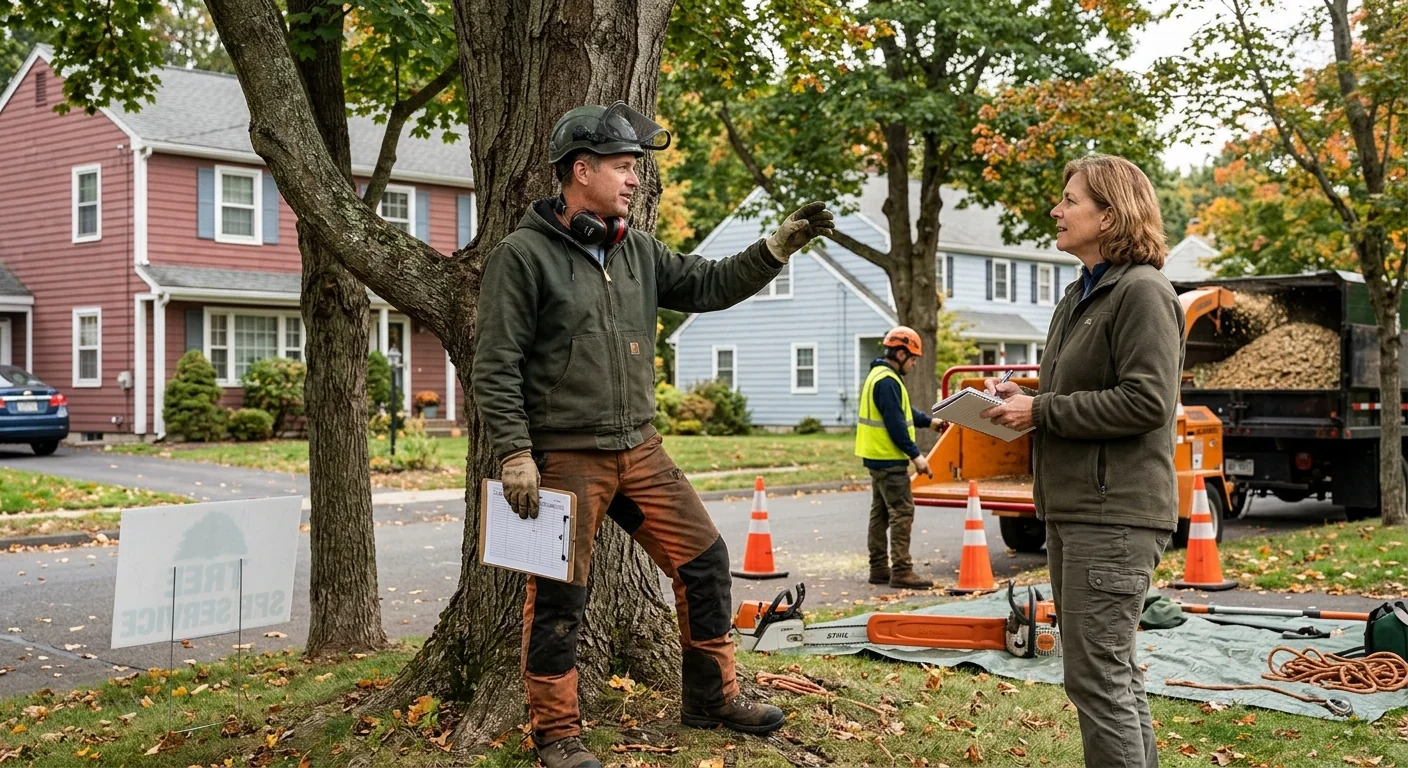 Arborist reviewing a tree canopy before preparing a pruning estimate