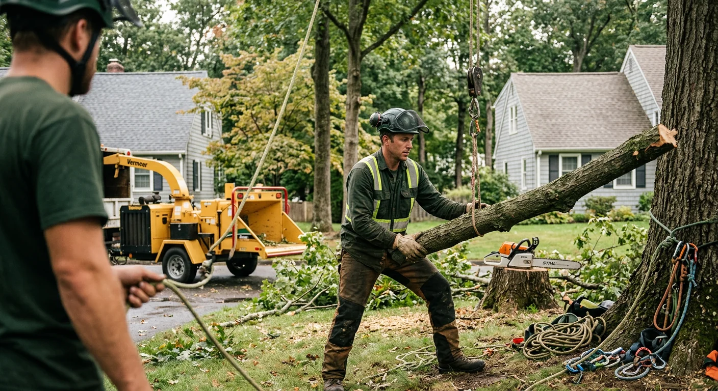 Arborist making a precise pruning cut on a mature shade tree