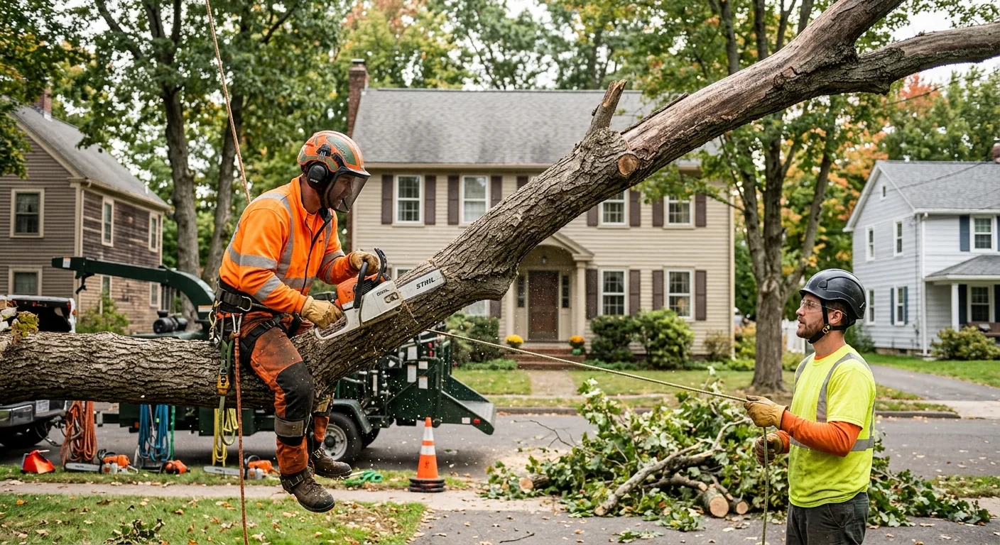 Arborist making careful pruning cuts on a residential shade tree in Middletown