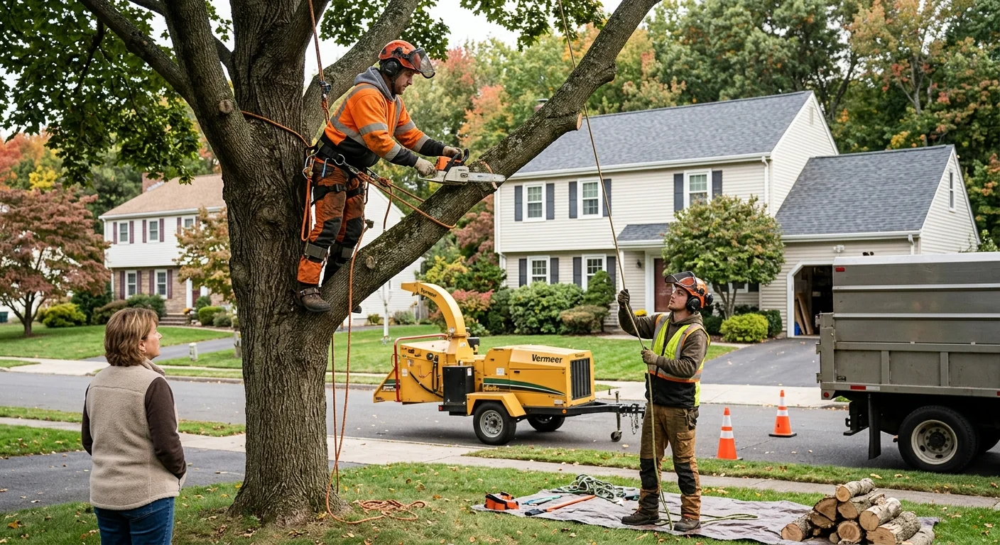 Crew assessing tree height and access for a removal quote