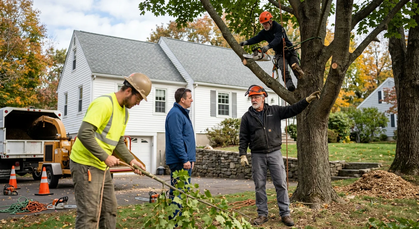 Arborist reviewing a large removal near a Middletown home before felling
