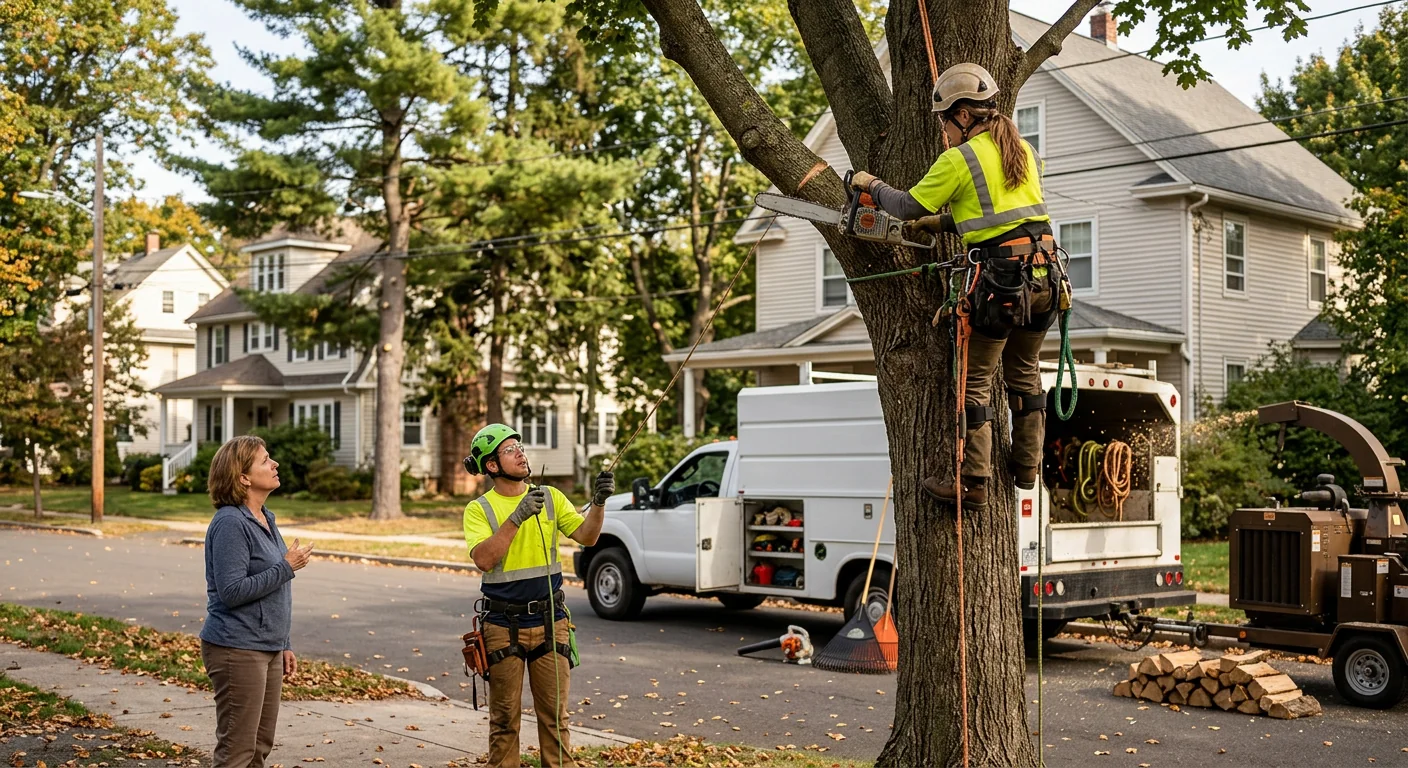 Leaning storm-damaged tree with split trunk threatening a Middletown home roofline