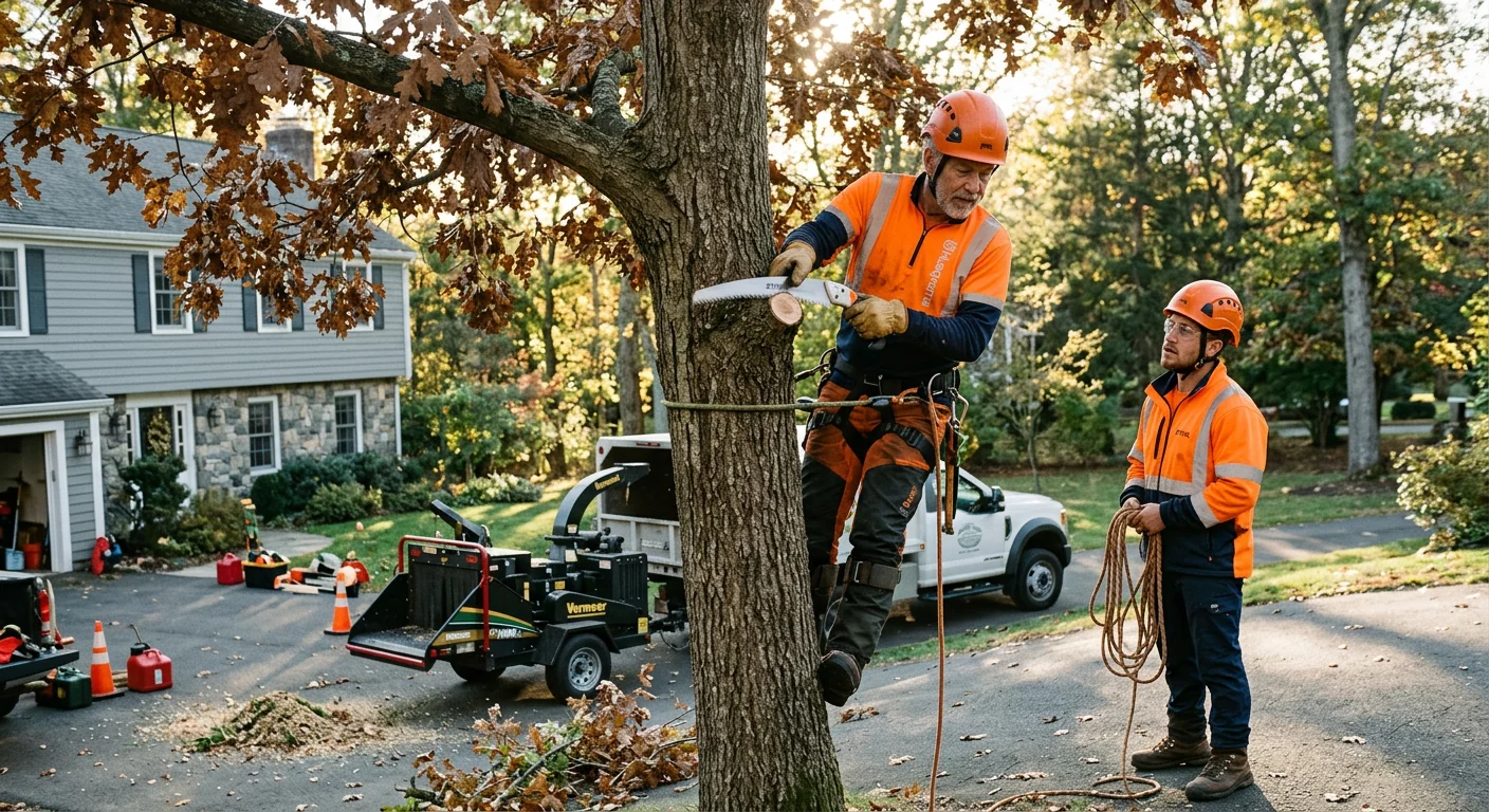 Tree removal crew safely lowering large tree sections on a Middletown property