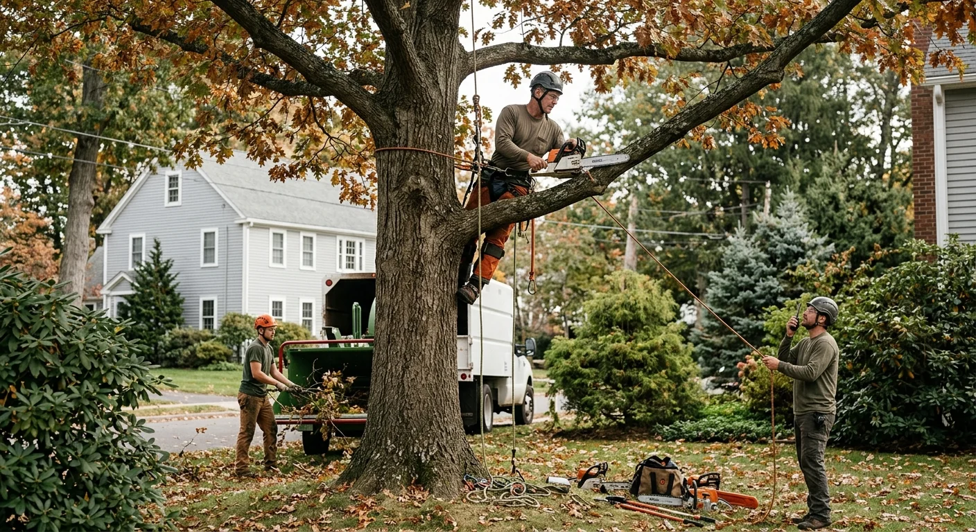 Written tree risk estimate on a clipboard beside a residential tree