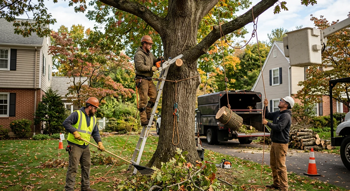 Arborist inspecting a mature backyard tree with a clipboard for risk assessment