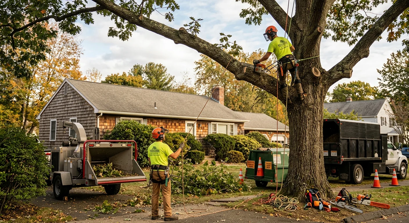 Leaning tree with cracked bark and dead limbs near a Middletown home
