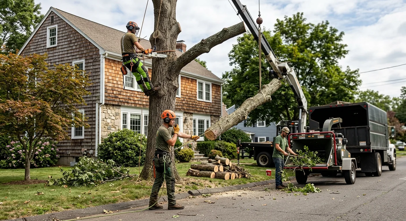 Workers clearing storm-damaged branches from a residential yard in Middletown