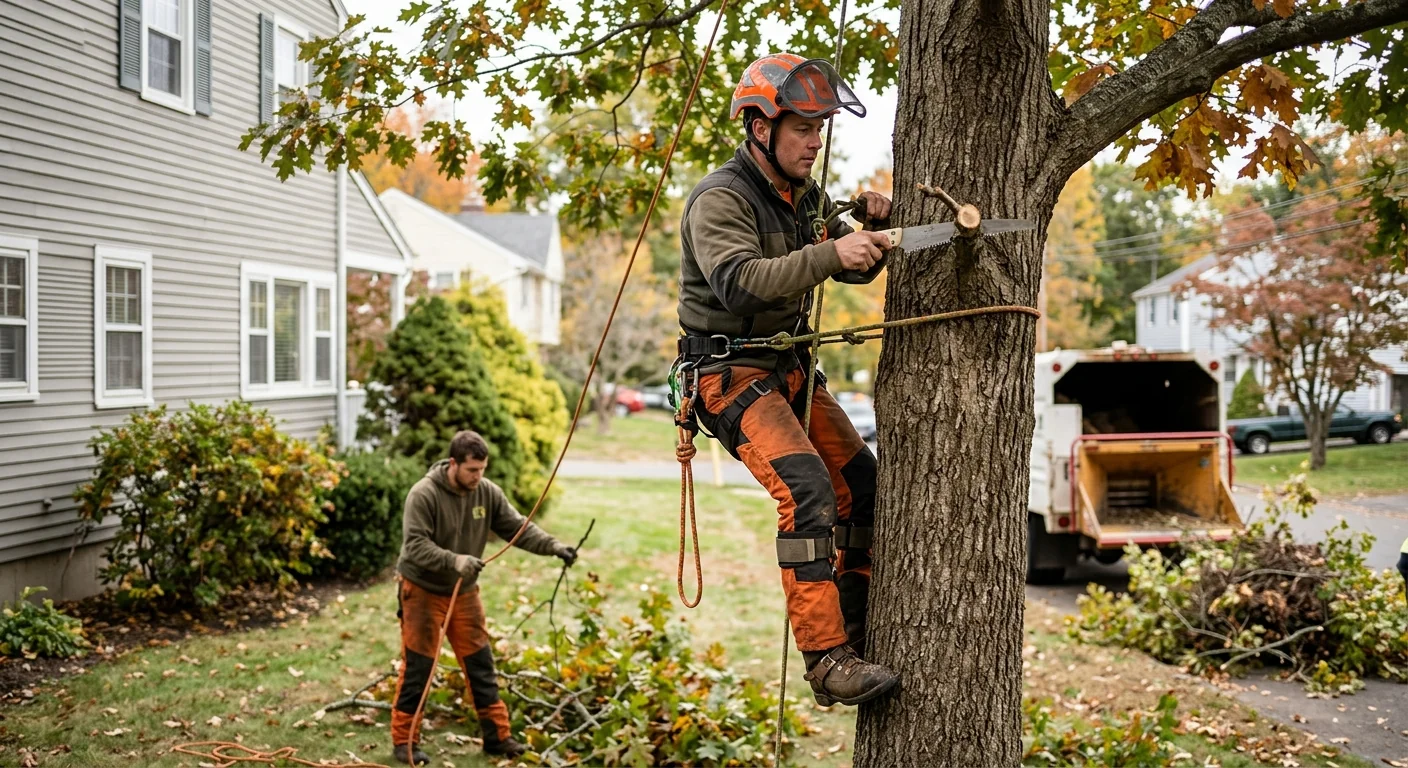 Arborist sectioning a large tree for safe removal near a Middletown home