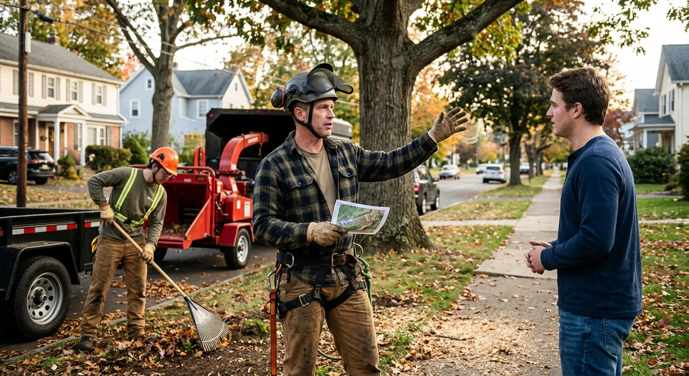 Tree crew reviewing a written estimate with a homeowner beside a shaded yard