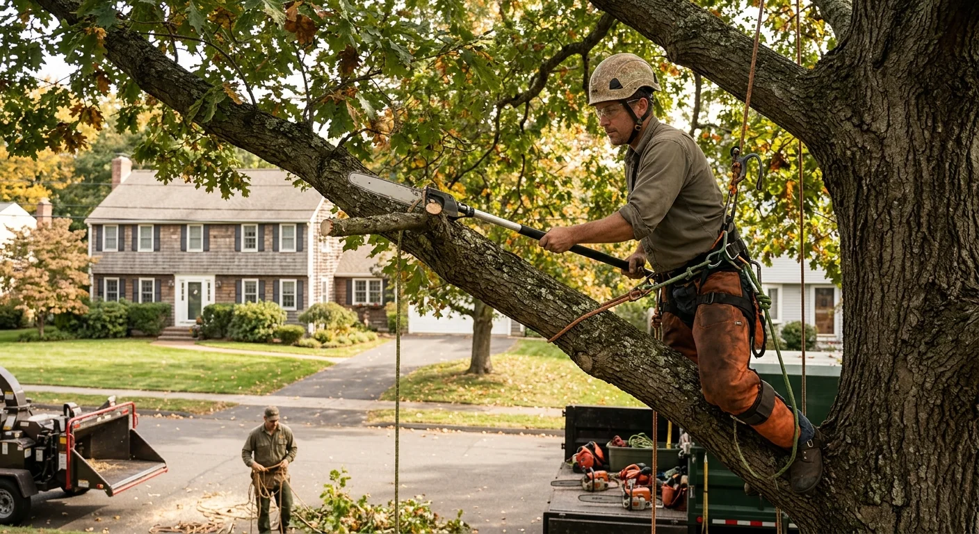 Arborist reviewing a written tree service estimate with a homeowner in a Middletown yard