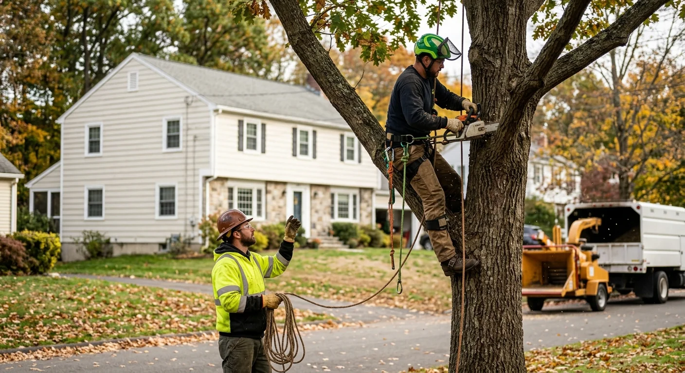 Tree service crew working on a residential property in a tree-lined Middletown neighborhood