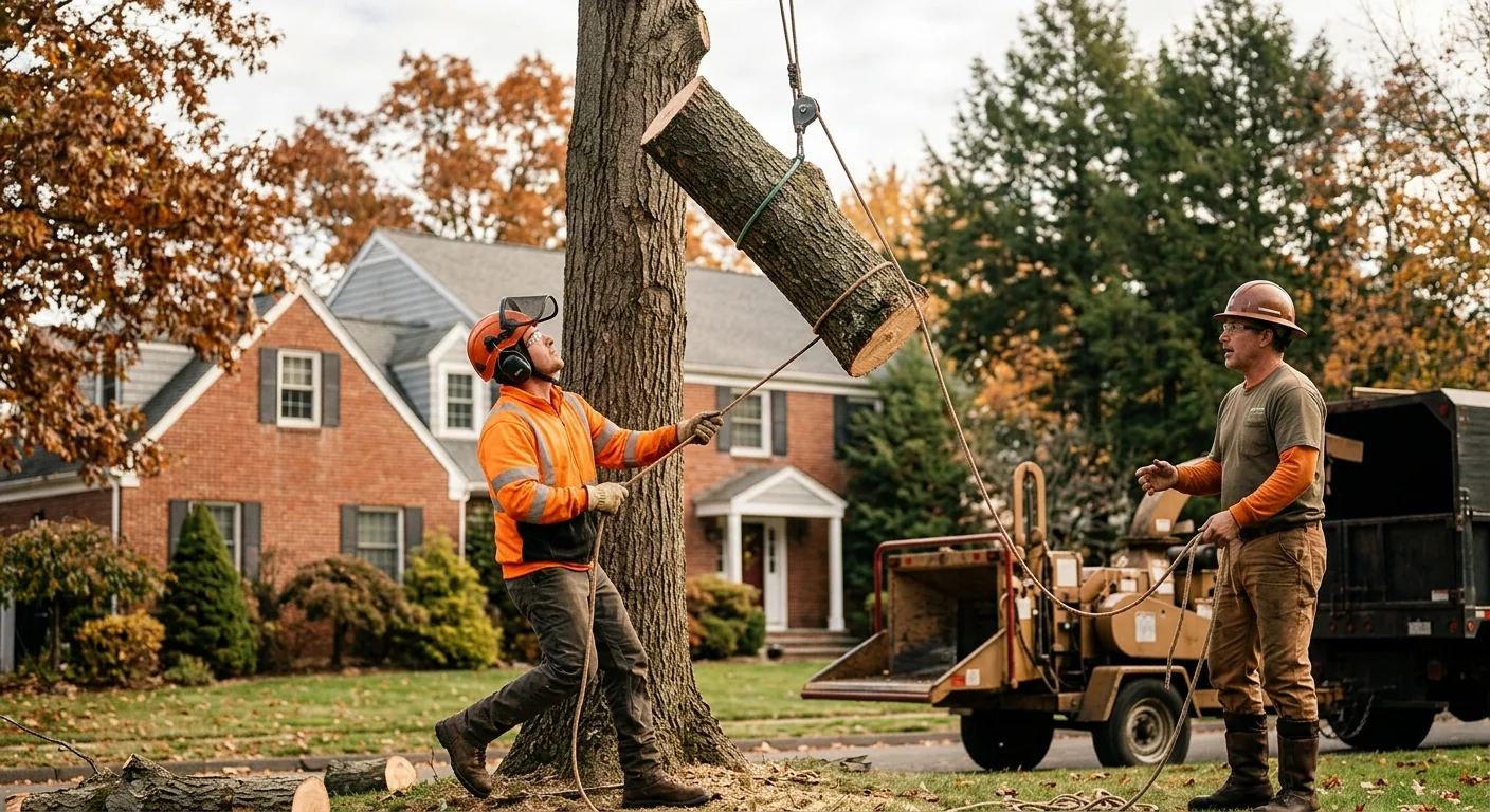 Arborist inspecting a storm-damaged hardwood over a Middletown home driveway