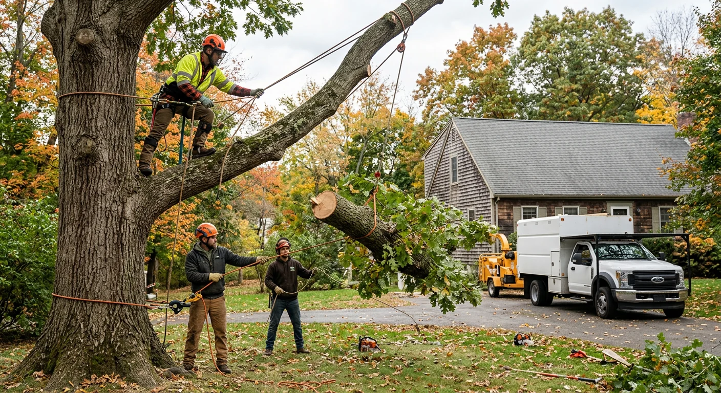 Crew rigging and lowering a large limb during controlled tree removal