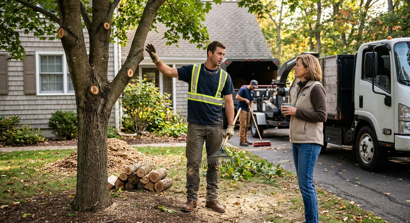 Tree service crew completing a post-job walkthrough with a Middletown homeowner