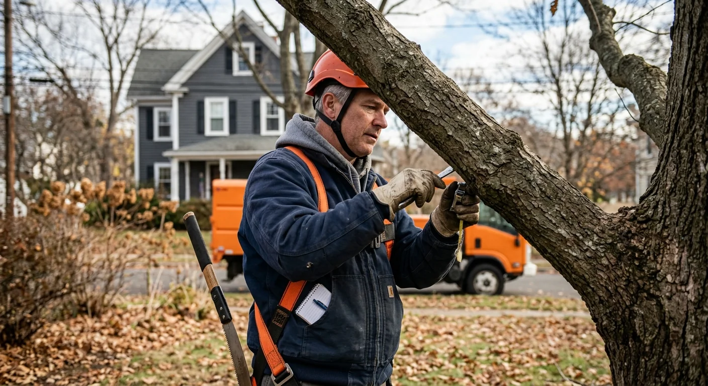 Certified arborist inspecting branch unions during a tree risk assessment in Middletown