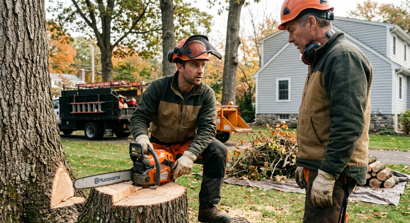 Arborist trimming leafy canopy with hand saw on a residential property