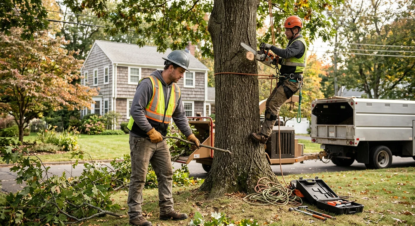 Overgrown tree limbs crowding a roofline on a Middletown residential property