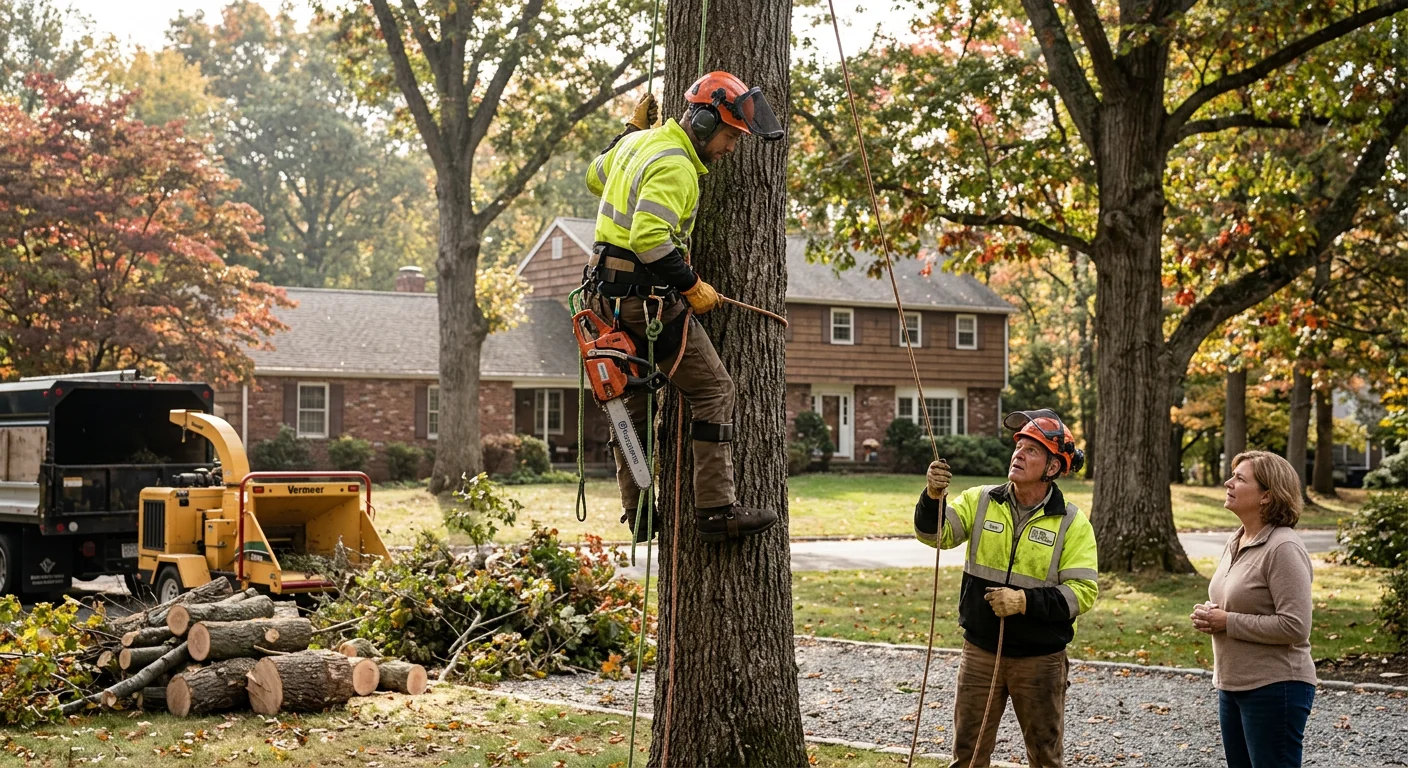 Arborist performing careful crown thinning on a mature shade tree in Middletown
